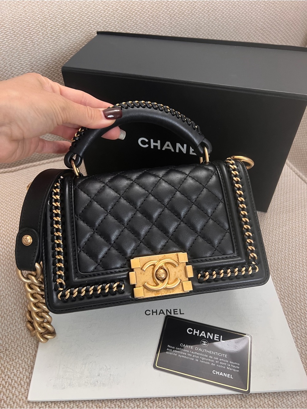 CHANEL Black Quilted Leather Shoulder Boy Bag with Gold Hardware